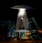 UFO, alien spaceship and city in road, woman victim and tractor beam for abduction, search and light. UAP ship, flying saucer and lights in dark cityscape, metro and cbd for survey, flight or person