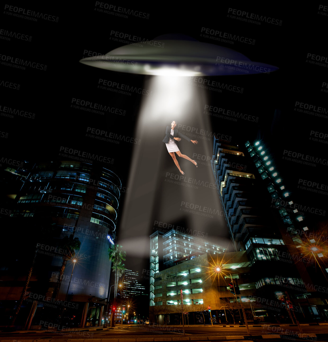 Buy stock photo UFO spaceship, person and abduction in street, city and tractor beam for abduction, search and light. UAP ship, flying saucer and lights in dark cityscape, metro and cbd for galaxy, flight or woman