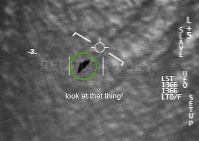 Buy stock photo Satellite image, UFO spaceship and overlay text at night with FBI investigation and alien evidence. Surveillance, photo and area 51 recording of flying saucer and survey for mystery object in sky