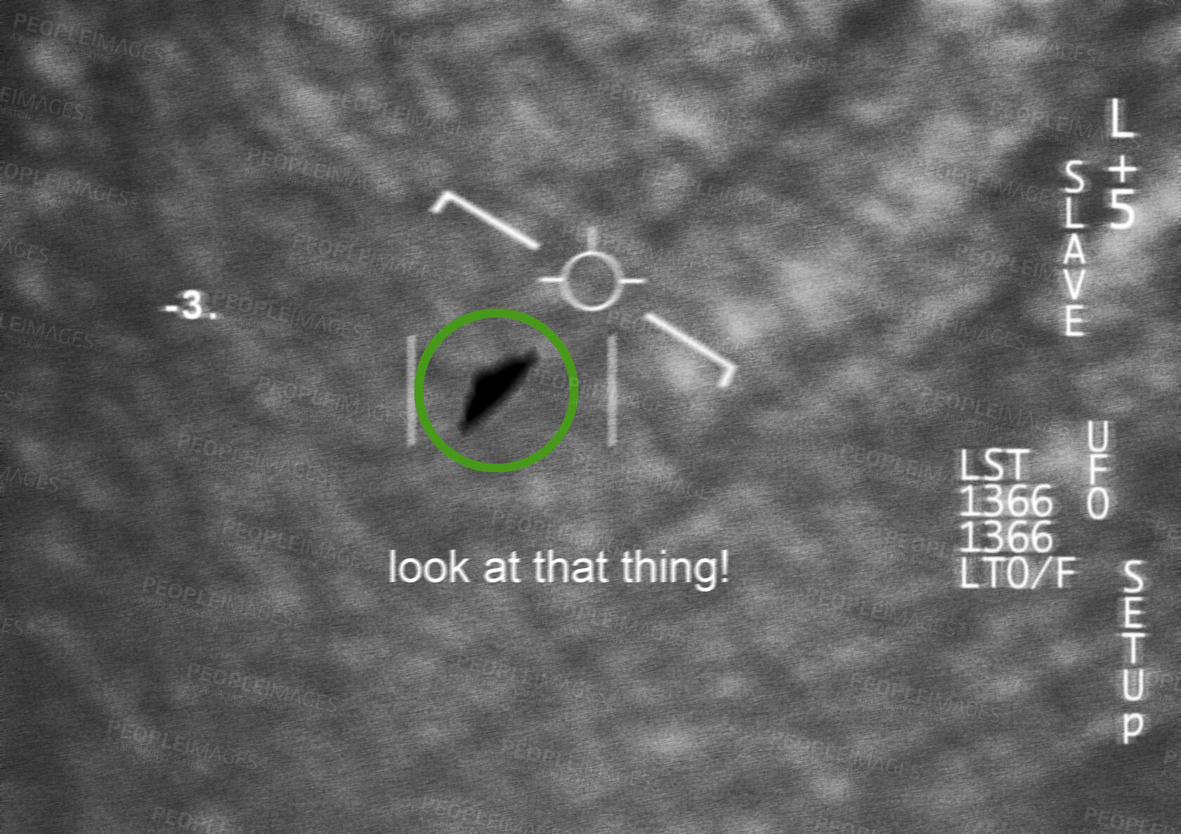 Buy stock photo Satellite image, UFO spaceship and overlay text at night with FBI investigation and alien evidence. Surveillance, photo and area 51 recording of flying saucer and survey for mystery object in sky