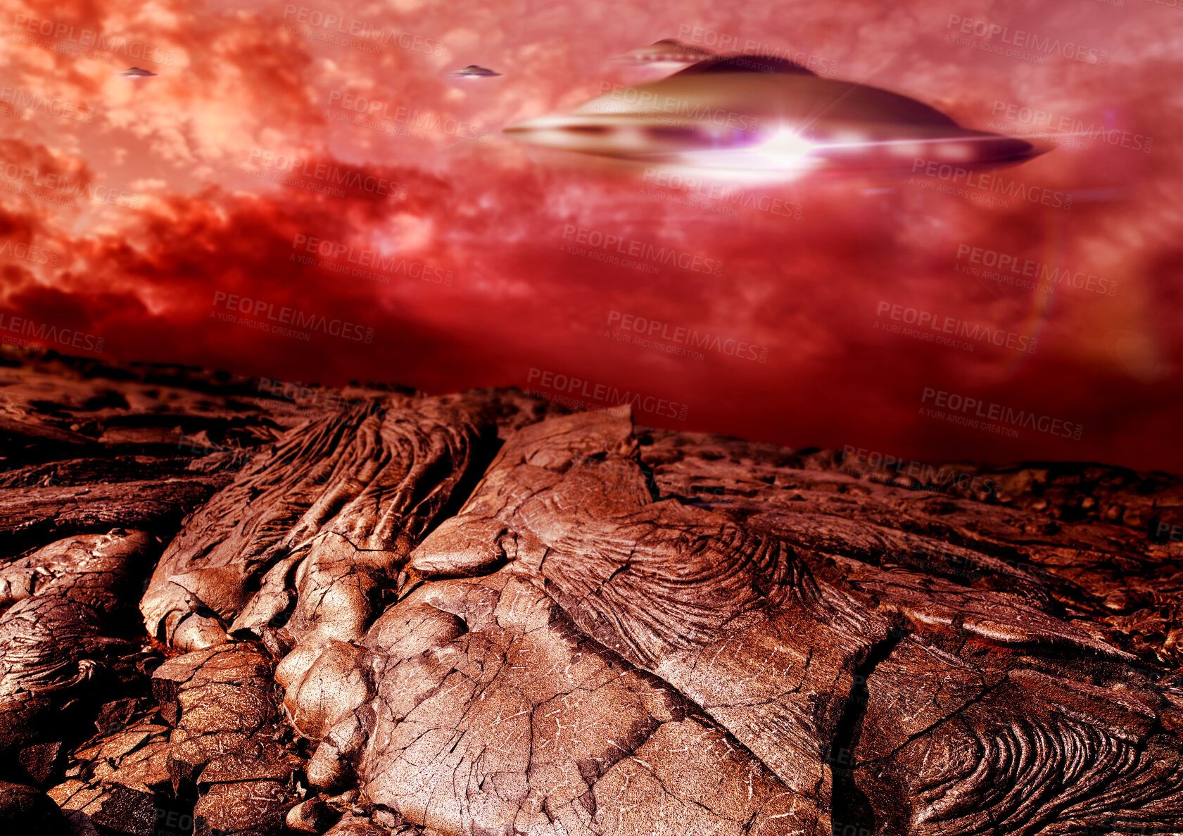 Buy stock photo UFO, dark and spaceship in outer space on mars and planet with science fiction. Alien technology, flying saucer and red mountain landscape with surreal background and world with spacecraft in sky