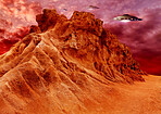 UFO, invasion and spaceship in outer space on mars and planet with science fiction. Alien technology, flying saucer and red mountain landscape with surreal background and world with spacecraft in sky