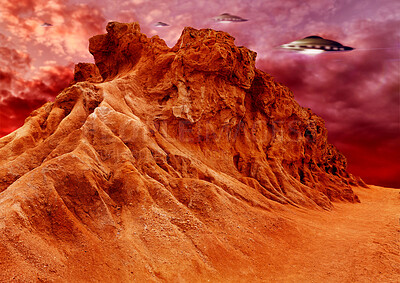 Buy stock photo UFO, invasion and spaceship in outer space on mars and planet with science fiction. Alien technology, flying saucer and red mountain landscape with surreal background and world with spacecraft in sky