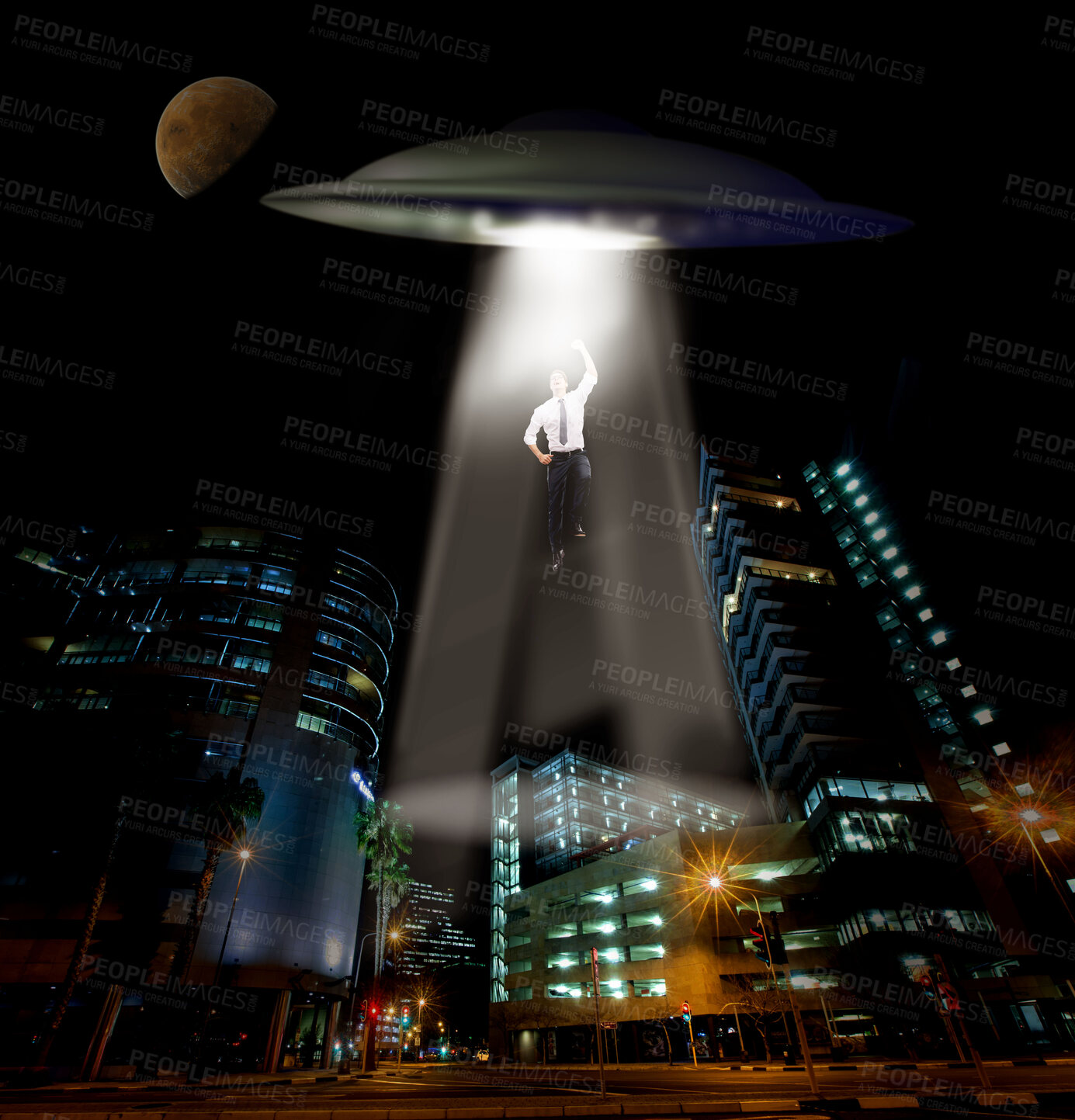 Buy stock photo City, abduction and man with UFO, spaceship and galaxy mission with invasion, science fiction and futuristic. Extraterrestrial machine, person and kidnapping with light beam, conspiracy and mystery