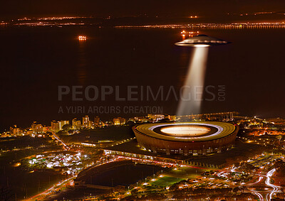 Buy stock photo UFO, light and city in night, alien invasion and search with light on stadium in Cape Town. UAP ship, flying saucer and tractor beam in dark cityscape, metro or cbd for survey, inspection and flight