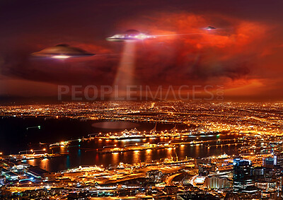 Buy stock photo UFO, city and spaceship with invasion, lights and alien with contact, science fiction or mystery. Machine, transport or extraterrestrial with fantasy, galaxy mission or futuristic with travel or glow