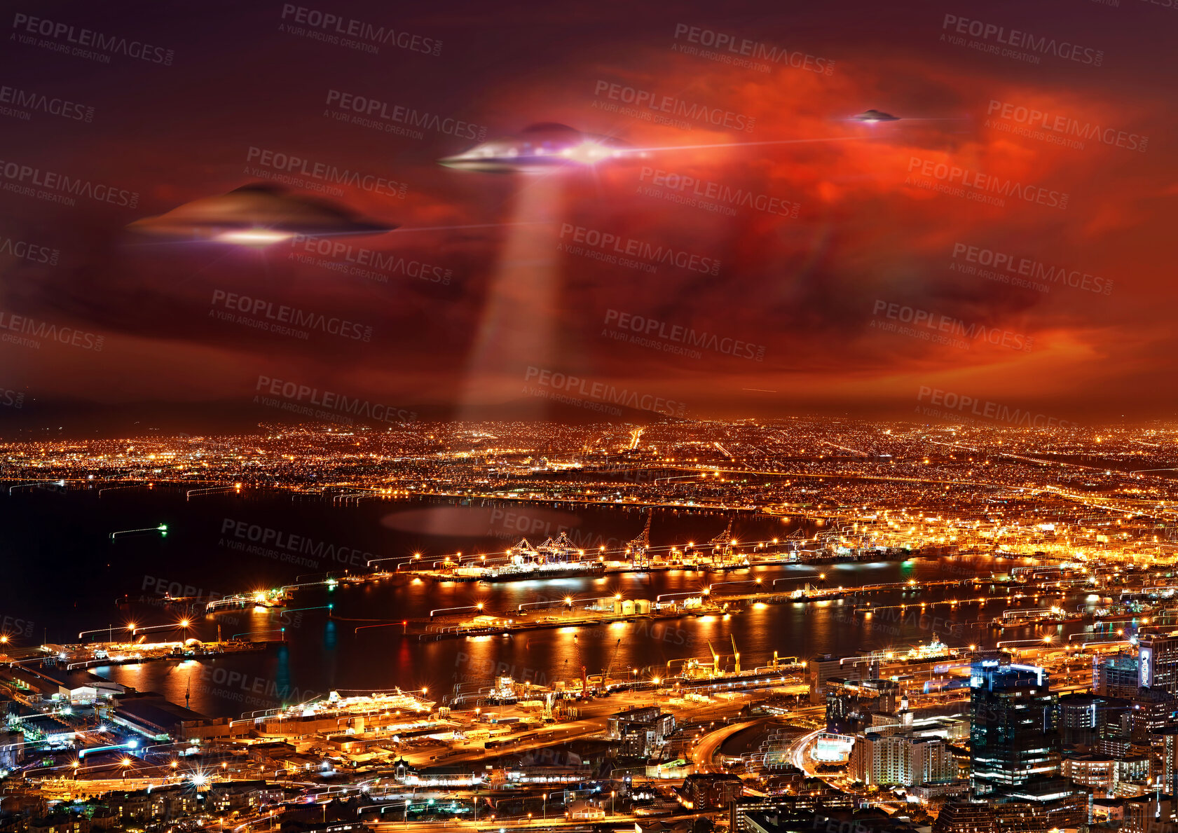 Buy stock photo UFO, city and spaceship with invasion, lights and alien with contact, science fiction or mystery. Machine, transport or extraterrestrial with fantasy, galaxy mission or futuristic with travel or glow