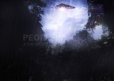 Buy stock photo Ufo, spaceship light and alien in forest for mission, science fiction and fantasy in sky with thunder. Spacecraft, countryside and flying saucer from outer space for invasion, futuristic and mystery