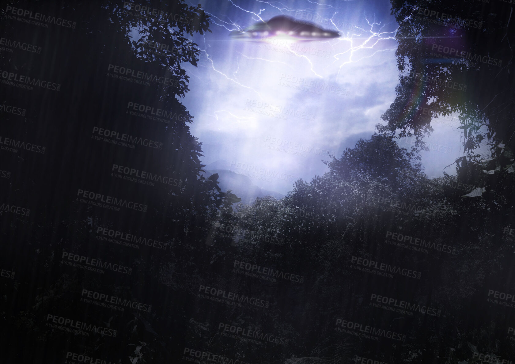 Buy stock photo Ufo, spaceship light and alien in forest for mission, science fiction and fantasy in sky with thunder. Spacecraft, countryside and flying saucer from outer space for invasion, futuristic and mystery