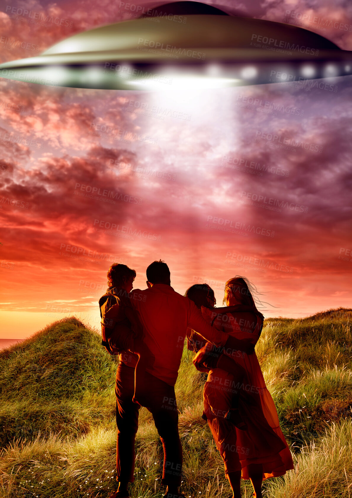 Buy stock photo Back, alien and flying ufo with a family outdoor in nature together during an invasion or spaceship discovery. Universe, earth and people in the mountains to search for proof of extraterrestrial life