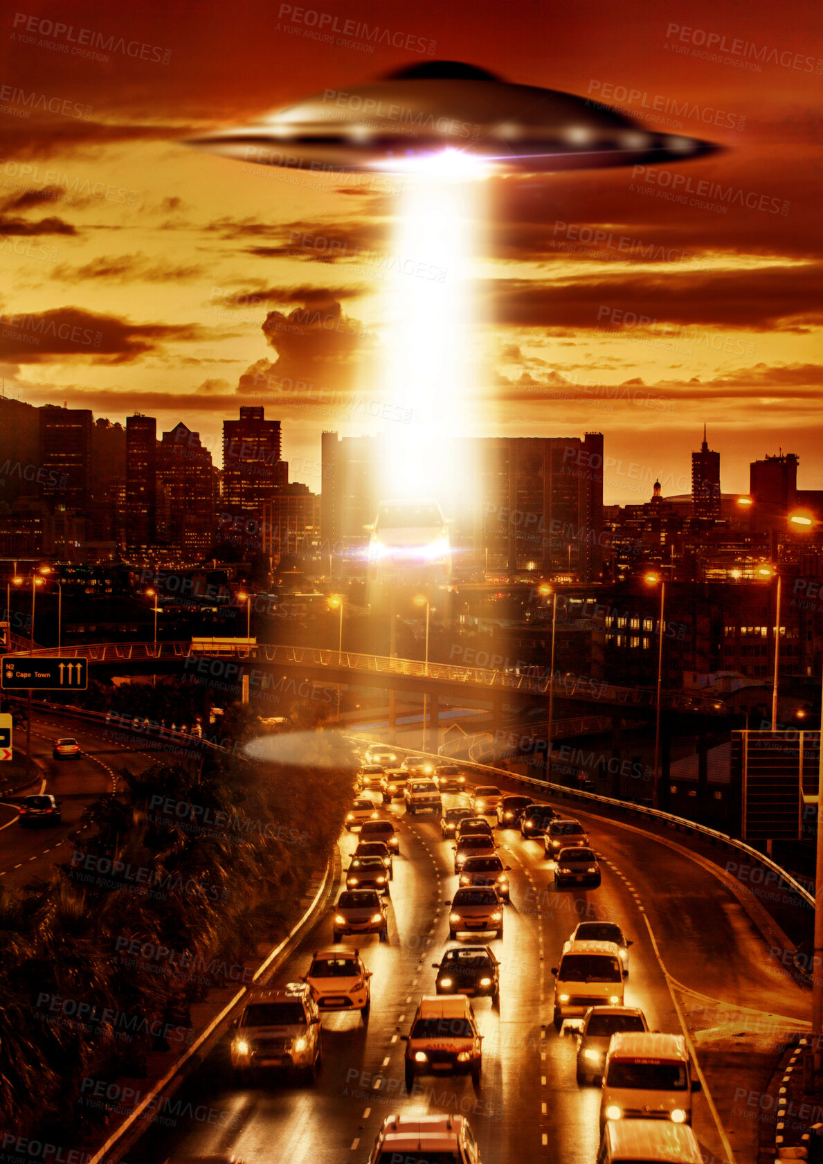 Buy stock photo UFO, alien spaceship and city in street, traffic and tractor beam for search, transport and Cape Town. UAP ship, flying saucer and lights in dark cityscape, metro and cbd for survey, flight or cars