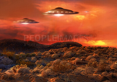 Buy stock photo Alien, spaceship light and ufo in countryside for mission, science fiction and fantasy in sky. Spacecraft, field and flying saucer from outer space for invasion, futuristic and mystery in nature