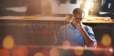 Buy stock photo Black man, vision and night at office with burnout, bokeh and banner with glasses, IT consultant and deadline. Overtime, overworked and mockup space, developer with headache and work late with stress