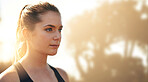 Fitness, thinking and woman outdoor at sunset to workout, training or cardio exercise. Sports vision, idea and runner athlete in nature for wellness, healthy body and relax on break in forest park