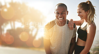 Buy stock photo Happy, couple and portrait for fitness mockup in nature with exercise goals and outdoor summer sports at sunrise. Healthy, training and people smile with happiness in cardio workout or hiking
