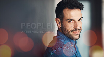 Buy stock photo Portrait, business and man in office on bokeh, startup company and workplace. Face smile, designer and professional employee, creative worker and happy entrepreneur on mockup space in Australia.