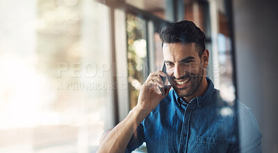 Buy stock photo Banner, phone call and man in office with smile, mockup and business communication for b2b trading. Networking, consulting and happy businessman with cellphone, conversation and space in workplace.