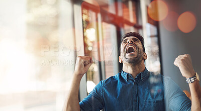 Buy stock photo Businessman, success and celebration of winning a deal, achievement or promotion in office with happy employee cheering. Opportunity, winner and man with happiness for investment, profit or bonus