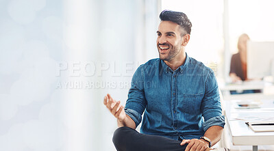 Buy stock photo Discussion, meeting and businessman in office with mockup space banner for advertising. Happy, smile and professional young male designer talking in workplace with mock up for marketing or promotion.