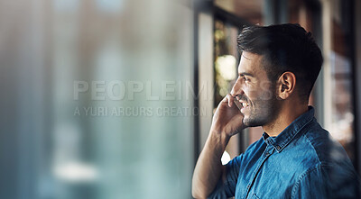 Buy stock photo Banner, phone call and businessman in office with smile, mockup and business communication for b2b trading. Networking, consulting and happy man with cellphone, conversation and space in workplace.