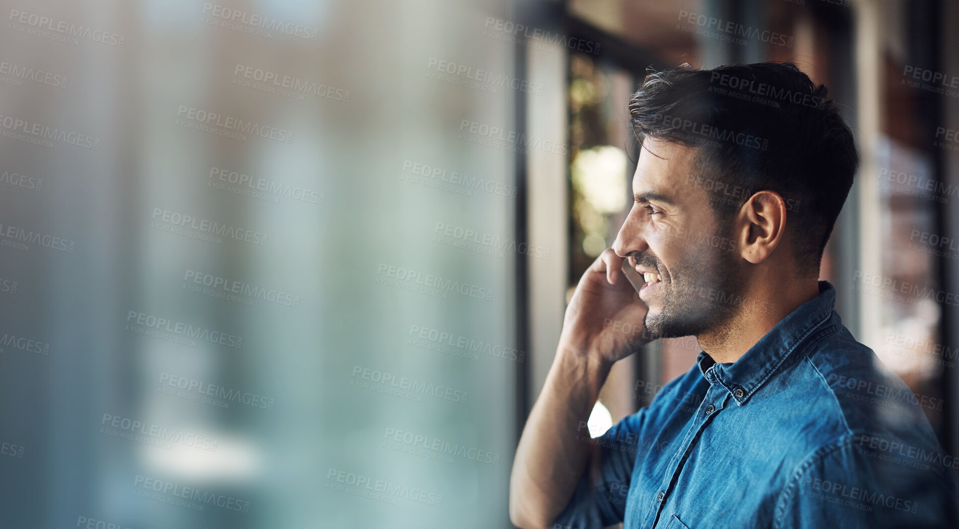 Buy stock photo Banner, phone call and businessman in office with smile, mockup and business communication for b2b trading. Networking, consulting and happy man with cellphone, conversation and space in workplace.