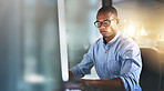 Banner, computer and businessman in office thinking with mockup, bokeh and online business for trading. Networking, research and black man with website for email, internet and space in workplace.