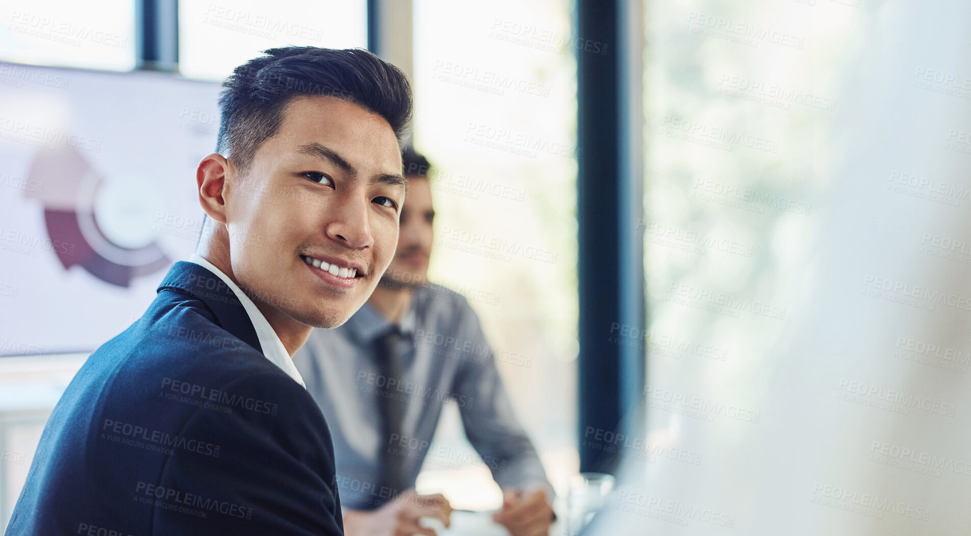 Buy stock photo Portrait, business and happy Asian man in office, company or corporate workplace. Face, smile of lawyer and professional employee, worker and legal attorney in meeting for law career of consultant