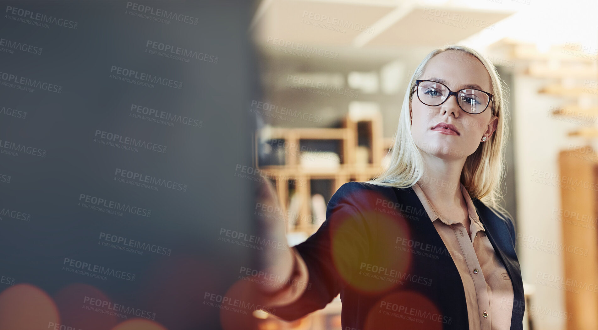 Buy stock photo Writing, planning and business woman in office for brainstorming, problem solving and ideas. Corporate company, mockup and worker write on board for presentation, solution and project management