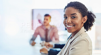 Buy stock photo Portrait, business or black woman with a smile, banner or professional with confidence, success or meeting. Face, African person or employee in a workplace, overlay or company development with mockup