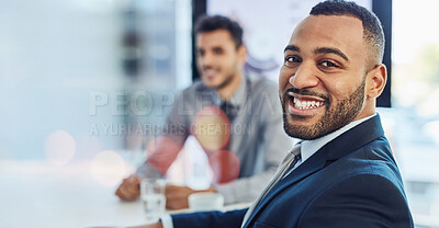 Buy stock photo Portrait, lawyer and business man in office, company or corporate workplace bokeh. Face, attorney or happy African professional employee, worker or legal advocate smile in suit for career in law firm