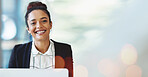 Portrait, smile and business woman on banner in office, company or corporate workplace on bokeh. Face, entrepreneur and happy professional, employee or consultant on laptop mockup space in Brazil