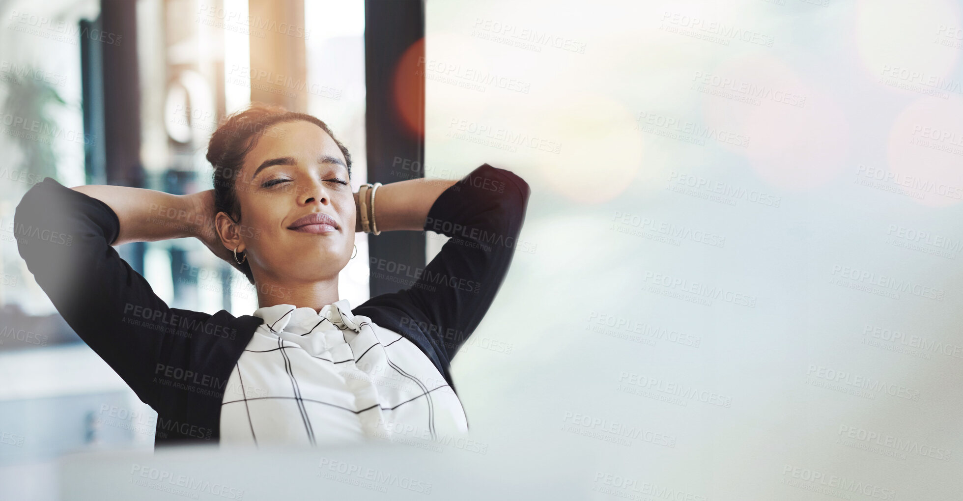 Buy stock photo Business woman, relax in office and peace with corporate attorney, wellness and banner with mockup space. Rest, sleep and lawyer on break, bokeh and meditation with mindfulness in the workplace