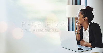 Buy stock photo Banner, laptop and woman in office thinking with mockup, bokeh and ideas on business for trading. Administration, online research and happy businesswoman looking out window with smile in work space.