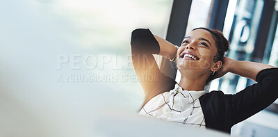 Buy stock photo Happy woman in office, relax and banner, mindfulness and meditation with success and mockup space. Break at work, optimism and positivity with smile, corporate employee and wellness with peace