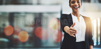 Buy stock photo Business woman, handshake offer and job interview in Human Resources meeting, welcome or thank you POV. Professional or HR worker shaking hands in recruitment, hiring or introduction on banner mockup