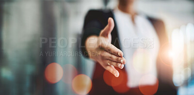 Buy stock photo Business person, shaking hands and job interview for Human Resources meeting, welcome or partnership POV. Professional client, handshake offer and recruitment, HR hiring and thank you or introduction