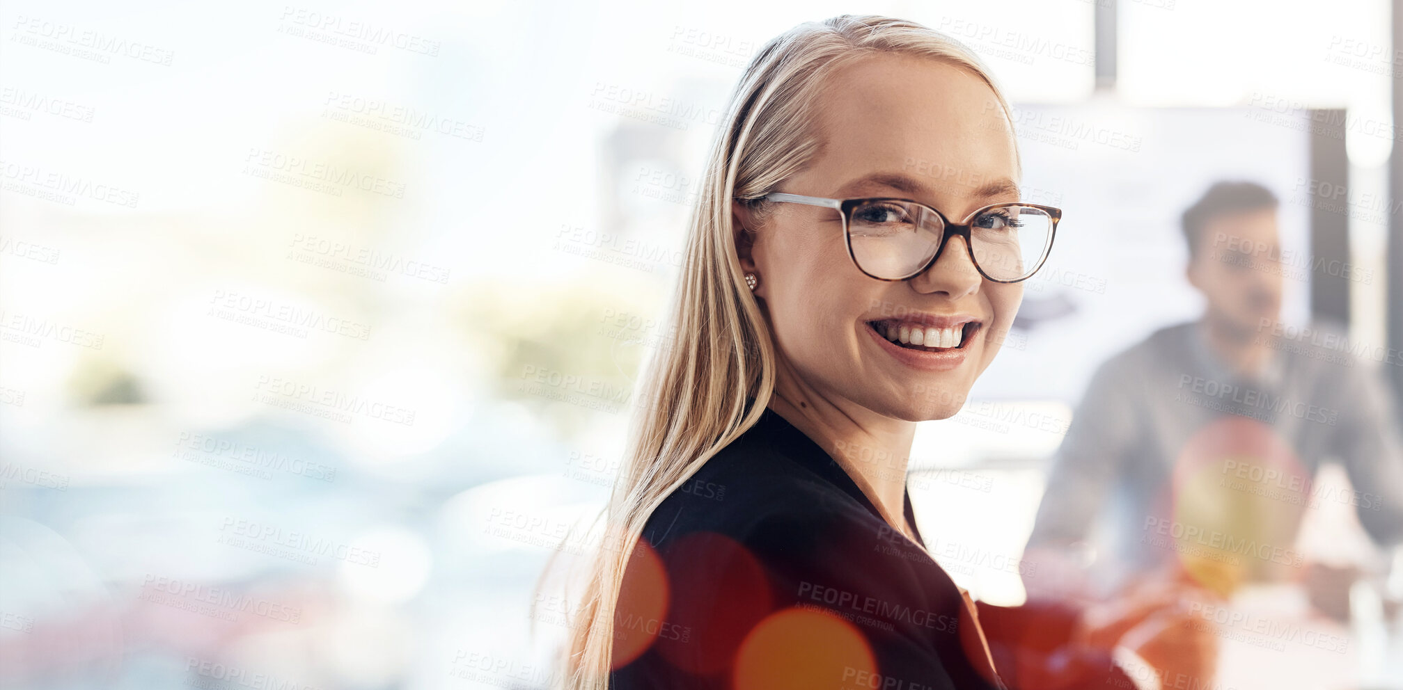 Buy stock photo Portrait, business and woman with glasses, smile or professional with confidence, banner or bokeh. Face, happy person or consultant in a workplace, overlay or employee with success, career or meeting