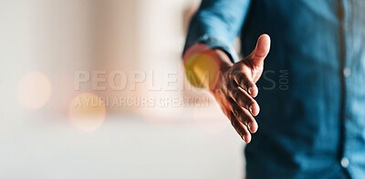 Buy stock photo Business person, handshake offer and startup meeting, marketing agreement and graphic designer in b2b deal. Creative shaking hands in interview, onboarding POV or thank you for opportunity on mockup