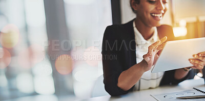 Buy stock photo Tablet, flare and smile with a business woman in the office for research or a report on double exposure mockup. Technology, app and planning with a happy young employee employee in the workplace