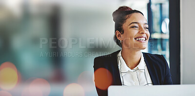 Happy woman, lawyer and mockup space in career ambition or vision against a bokeh background at office. Excited female person, accountant or employee smile in corporate success or dream at workplace