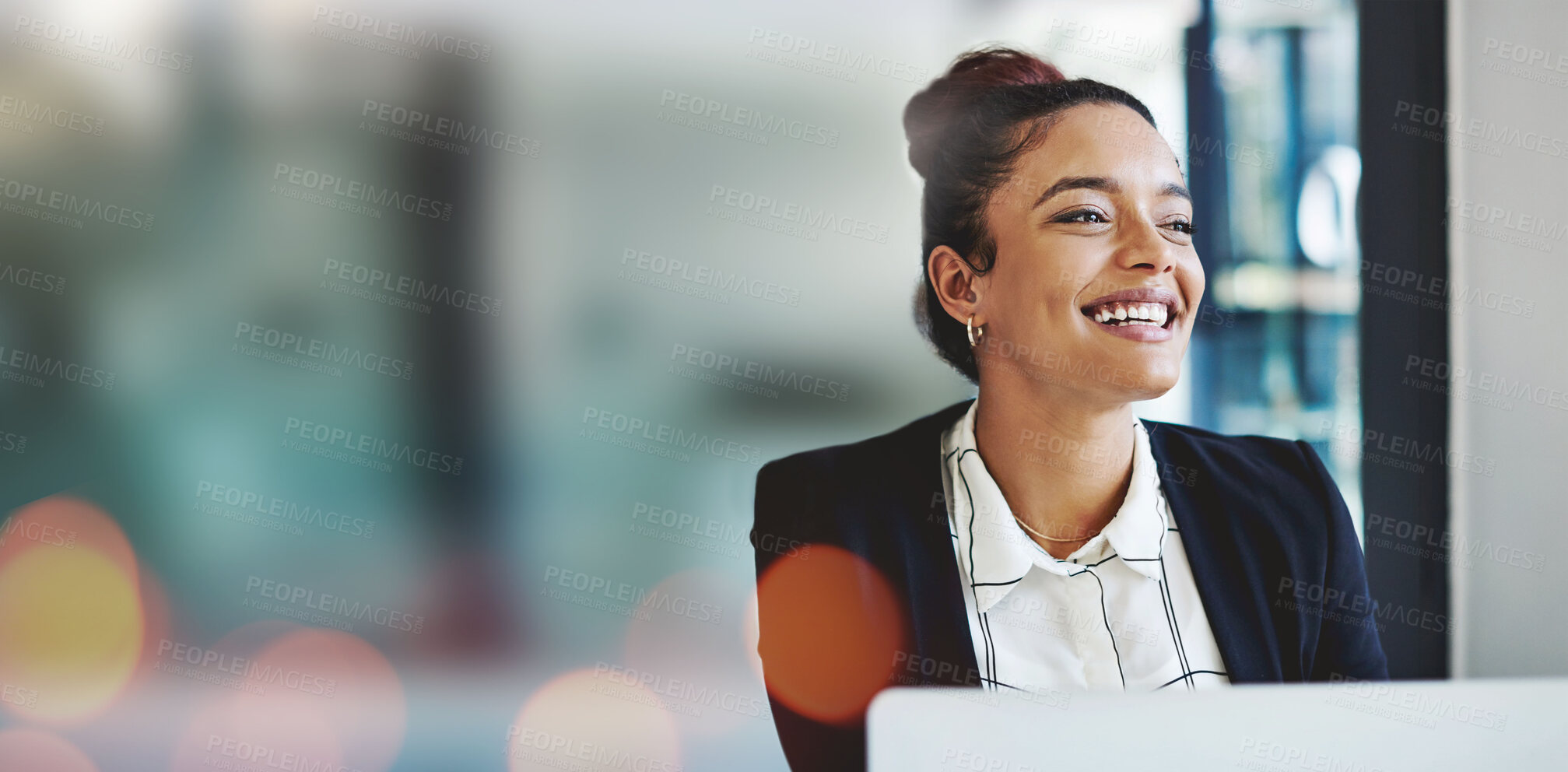 Buy stock photo Happy woman, lawyer and mockup space in career ambition or vision against a bokeh background at office. Excited female person, accountant or employee smile in corporate success or dream at workplace