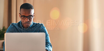 Buy stock photo Laptop, bokeh and black man typing in office with mockup space and business communication on email. Networking, research or businessman checking website for an update or article online in workplace