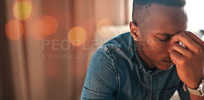 Buy stock photo Black man, face and headache with pain and stress, massage temple with burnout or fatigue at office. Bokeh, sick or frustrated person with migraine, work anxiety or problem with crisis in workplace