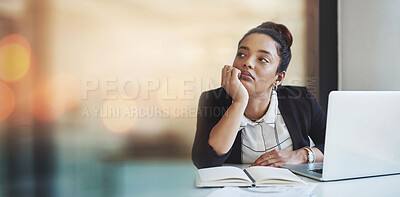 Buy stock photo Laptop, notebook and a bored business woman in her office thinking or problem solving on banner space. Computer, research and idea with a young employee looking for inspiration in the workplace