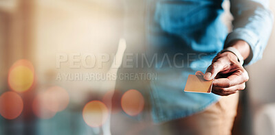 Buy stock photo Hand, credit card and payment, shopping banner and commercial with bokeh, money and bank. Mockup space, account and customer person with plastic, finance and service with investment and point of sale