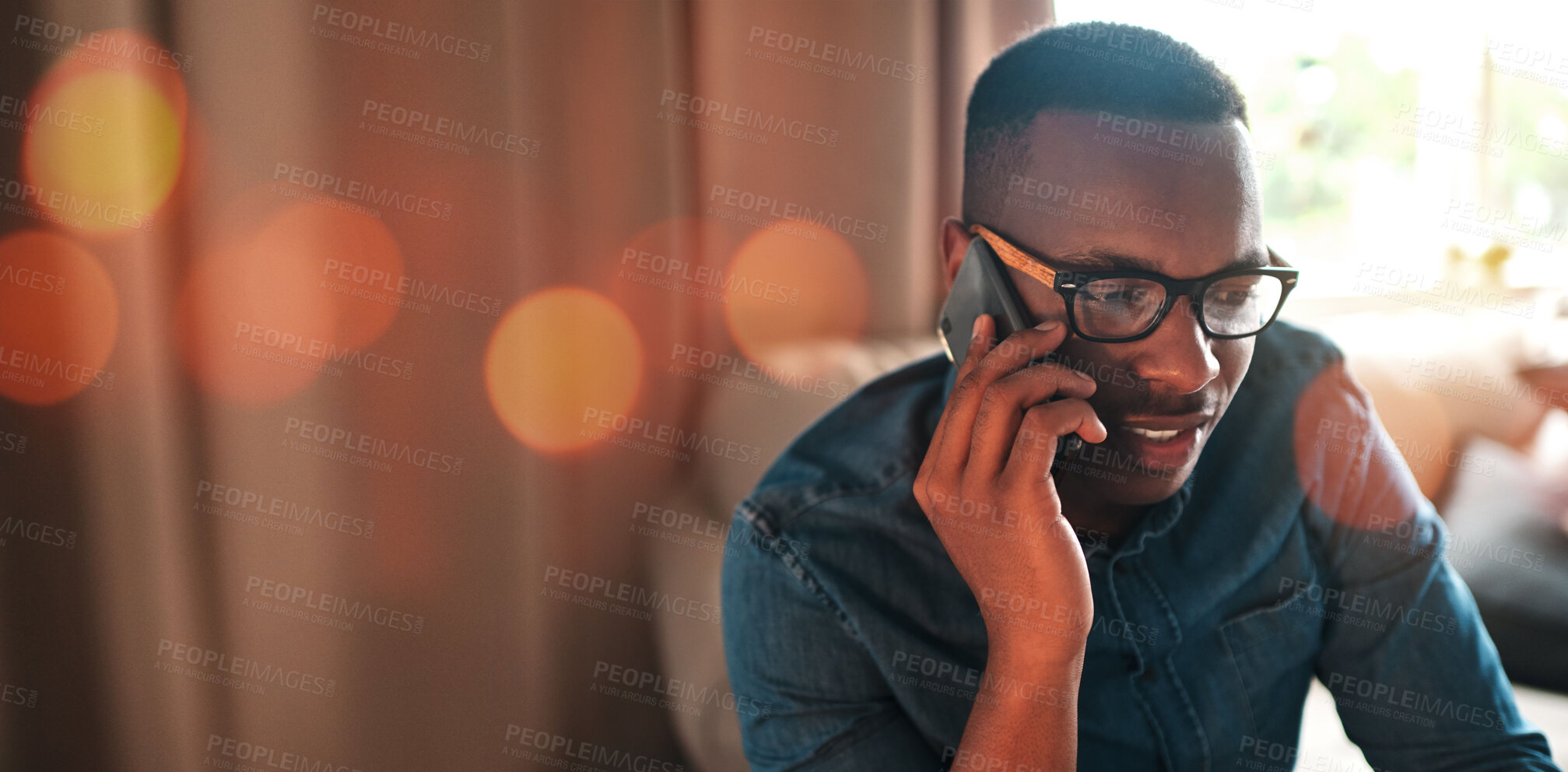 Buy stock photo Banner, phone call and black man in office with networking, mockup and business communication for b2b trading. Advice, consulting and businessman with cellphone, conversation and space in workplace.