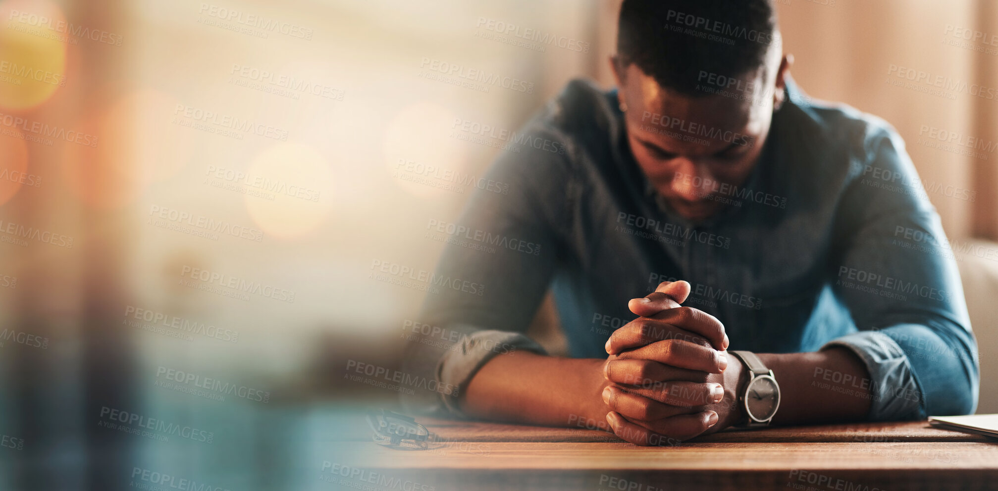 Buy stock photo Black man, hands and praying with worship and banner,  God and religion, faith with guidance and gratitude. Respect, spiritual and prayer with belief, blessing and mockup space with bokeh and trust