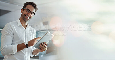 Buy stock photo Portrait, business and man with a tablet, banner and connection with network, typing and contact. Face, person and employee with overlay, bokeh and technology for research, internet and website info