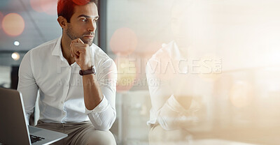 Buy stock photo Banner, laptop and thinking, business man in office with mockup, bokeh and ideas for trading with internet. Networking, online research and businessman in reflection, insight and space in workplace.