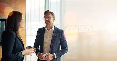 Buy stock photo Business people, office and conversation with teamwork and bokeh with communication. Collaboration, planning and employee  with professional discussion and worker with startup talk and mockup space